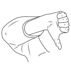 Naklejka premium Linear gesture of disapproval on a white background. Vector illustration with thumb down. Negative assessment of happened. Stock illustration for blogging, streams, design, sites, forums.