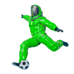 man in a biohazard suit is playing football side view
