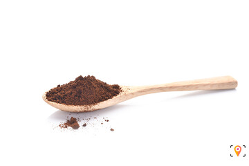 Wooden Spoon filled with coffee powder isolated on white background