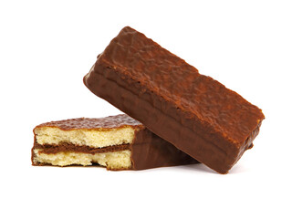 Cake bar covered with chocolate and cocoa filling isolated on white