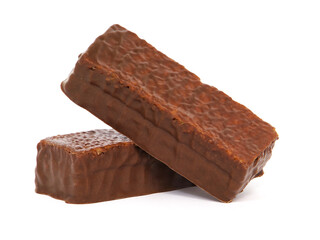 Cake bar covered with chocolate and cocoa filling isolated on white