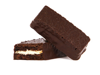 Cake bar filled with milk cream and covered with dark chocolate