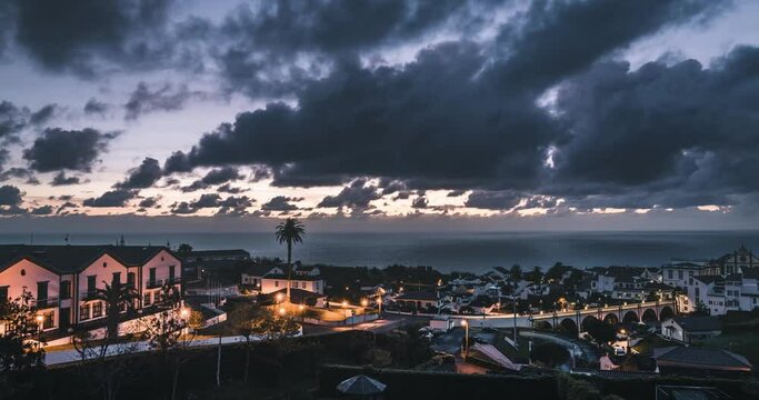 4k Sunrise Timelapse Video clip of Azores, City of Nordeste. Aerial view with city and ocean with clouds. Shot taken in Acores, Portugal.