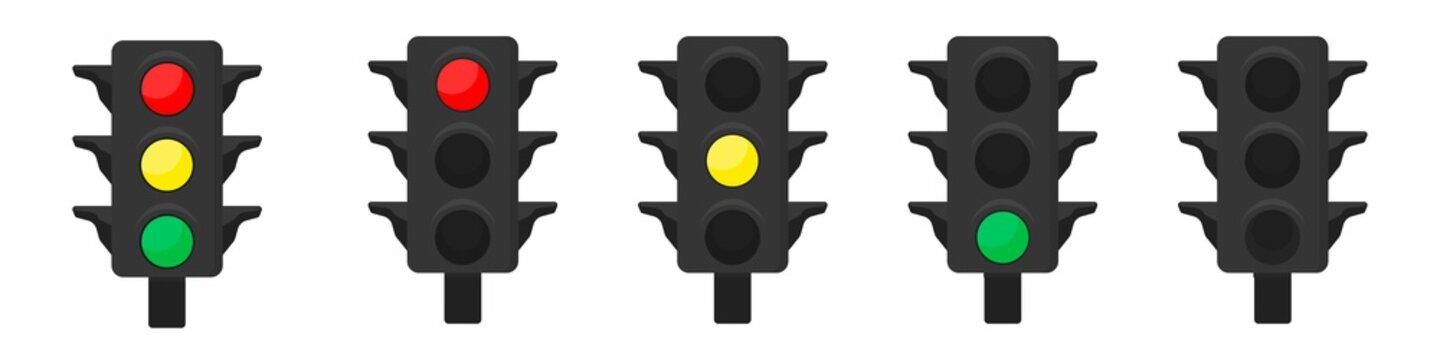 Three sets of LED traffic lights showing red, amber or green lights.