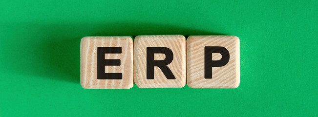 ERP - text on wooden cubes with green background