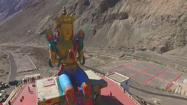 LADAKH,INDIA-11/06/2018: Maitreya Buddha statue in the Nubra valley near the oldest and largest Buddhist monastery Diskit, Ladakh, North India