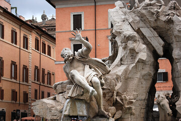 ROME,ITALY - OCTOBER, 2017: a detail of Bernini fountain in Piazza Navona, called "Fontana dei quattro fiumi"