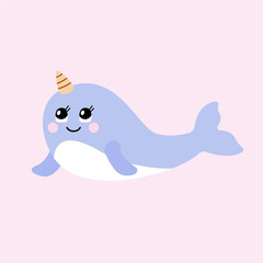 Vector illustration of an isolated narwhal with a cute face. Simple, flat style.