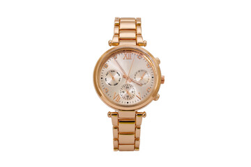 Gold colored elegant chronograph wristwatch with metal oyster style bracelet, white dial face and...