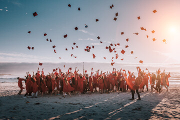 high school of college class of 2020 in a silhouette of people jumping on the beach tossing their caps or hats in the air in celebration of graduation. - Powered by Adobe