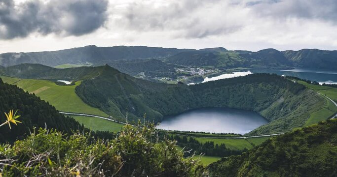 Aerial timelapse of Lagoa de Santiago and Lagoa Azul in Sete Cidades, Azores. 4k moving Time lapse Video clip on San Miguel island of Acores, Portugal.