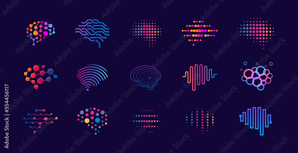 Aufkleber Set of abstract dots and lines brain logotypes concept. Logo for science innovation, machine learning, ai, medical research, new technology development, human brain health, it startup.
