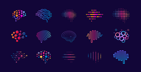 Set of abstract dots and lines brain logotypes concept. Logo for science innovation, machine learning, ai, medical research, new technology development, human brain health, it startup. - obrazy, fototapety, plakaty