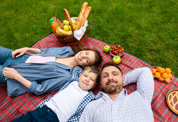 Above view of young family with cute little kid lying together on checkered blanket during picnic...