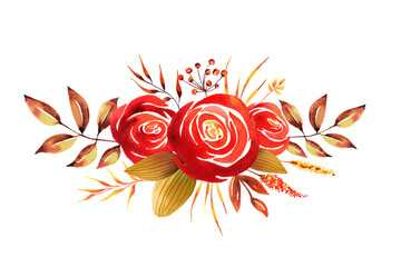 Watercolor autumn bouquet of red roses and leaves. Fall season collection. Isolated on white background. Hand drawn illustration for label, sticker, wedding invitation, save the date or greeting.