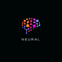 Neural network logo. Human brain emblem. Artificial intelligence icon. Creative thinking vector illustration. Isolated science innovation sign. Colorful neurobiology symbol.