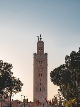 Marrakech, Morocco - December 23, 2019: Koutoubia mosque square during sunset.