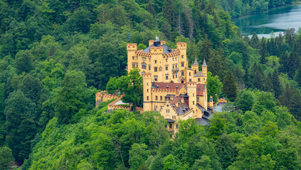 Fototapeta na wymiar Famous Hohenschwangau Castle in Bavaria Germany, the High Castle - aerial photography