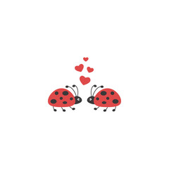 Ladybugs with red hearts. Beetle couple icon isolated on white. Vector flat illustration.