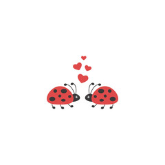 Naklejka premium Ladybugs with red hearts. Beetle couple icon isolated on white. Vector flat illustration.
