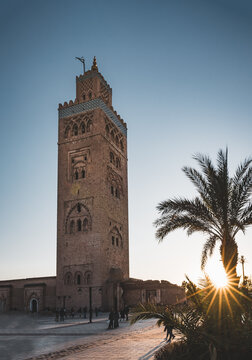 Marrakech, Morocco - December 23, 2019: Koutoubia mosque square during sunset.