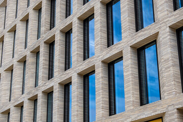 Close up of modern architectural windows on city building