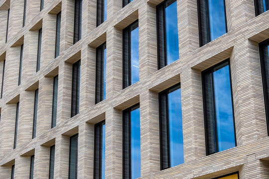 Close up of modern architectural windows on city building