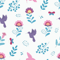 Vector flower illustration. Botanic seamless pattern with different flowers in traditional style. Folk gentle floral background