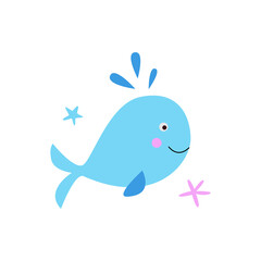 Cute blue whale on isolated white background. Vector illustration of kawaii little baby whale in flat cartoon style