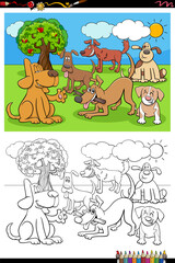 cartoon happy dogs group coloring book page