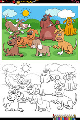 cartoon dogs and puppies group coloring book page
