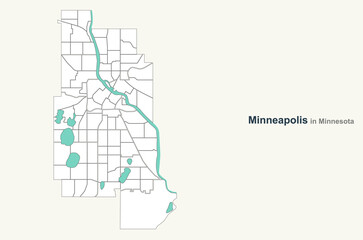 minneapolis map. vector map of minneapolis in minnesota. U.S. city map.