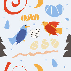 Bright colorful graphic floral pattern with birds in love in a hand-drawn style. Seamless pattern with birds and figures.