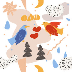 Bright colorful graphic floral pattern with birds in love in a hand-drawn style. Seamless pattern with birds and figures.