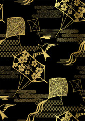 kite black gold traditional geometric kimono seamless pattern vector sketch illustration line art japanese chinese oriental design
