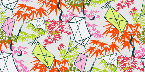 kite pink traditional geometric kimono seamless pattern vector sketch illustration line art japanese chinese oriental design