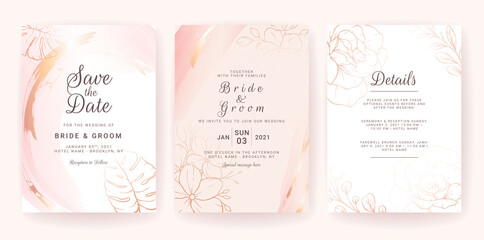 Elegant abstract background. Wedding invitation card template set with gold watercolor splash and floral line. Brush stroke for save the date, greeting, poster, and cover design