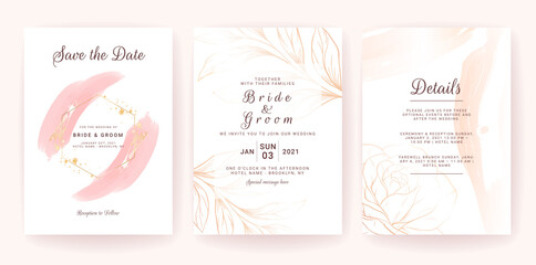 Elegant abstract background. Wedding invitation card template set with gold watercolor splash and floral line. Brush stroke for save the date, greeting, poster, and cover design