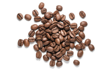 Top View of Roasted Coffee Beans Pile Isolated on White Background