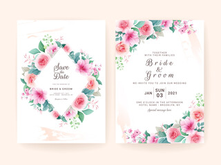 Wedding invitation template set with colorful floral frame. Roses and sakura flowers composition vector for save the date, greeting, thank you, rsvp, etc