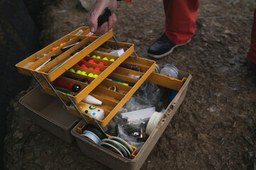 Closeup of fishing equipment box.