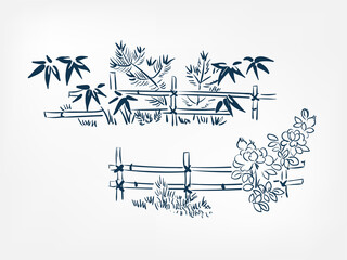 fence bamboo vector ink illustration sketch japanese chinese style line art design view traditional