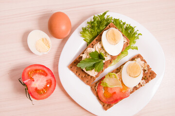 raunchy crisps bread with hummus, tomato, egg and greens on a plate, proper and healthy nutrition concept, dietetic breakfast foods, crisps sandwich, close-up