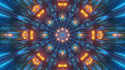 3D rendering of an abstract illustration of geometric shapes with colorful neon lights © Tunnelmotions/Wirestock