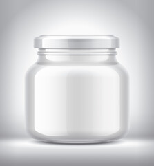 Glass Jar with Dairy Food on Background. 