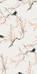 Fototapety  sakura bird flower vector japanese chinese nature ink illustration sketch traditional seamless pattern colorful