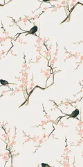Papier Peint photo Style japonais sakura oiseau fleur vecteur japonais chinois nature encre illustration croquis traditionnel transparente motif coloré