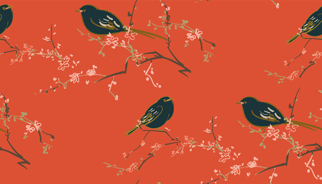 sakura bird flower vector japanese chinese nature ink illustration sketch traditional seamless pattern colorful