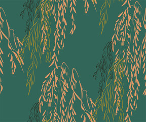 willow tree vector japanese chinese nature ink illustration sketch traditional seamless pattern colorful - obrazy, fototapety, plakaty