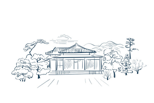garden house card nature landscape view landscape card sketch illustration japanese chinevector se oriental line art